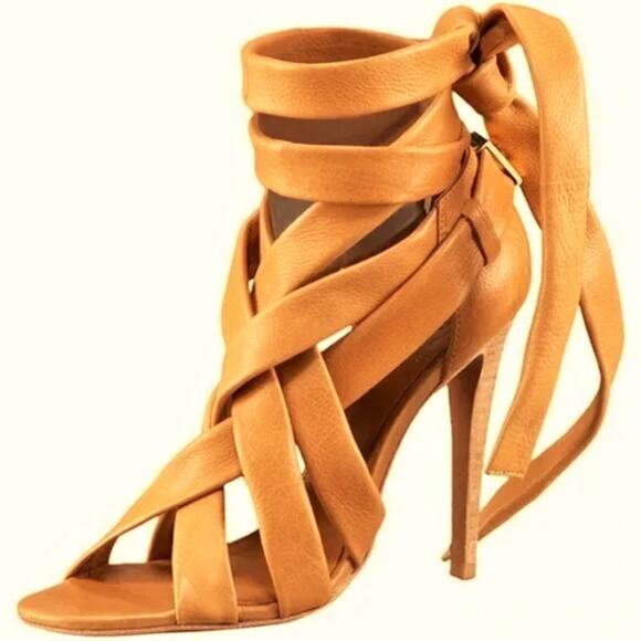 Tory Burch Leather Lounge Baby Wrap Up Strappy Heel Sandals Tan Women's Size 7.5 - Picture 1 of 6
